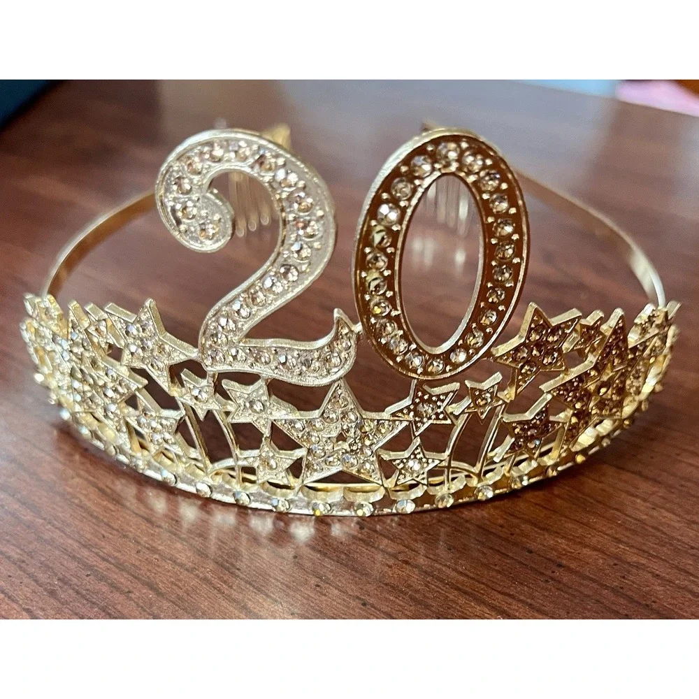 20 Year Birthday-Work Anniversary Celebrate‎ Crown Gold Rhinestone & Stars